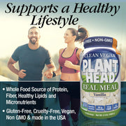 Product packaging with a man and woman exercising, promoting 'Clean Vegan Plant Head Real Meal'.