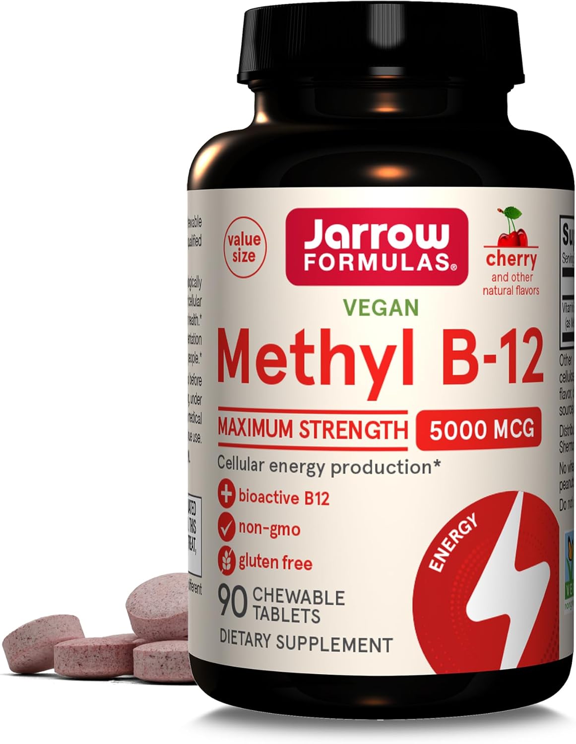 Front Image: Jarrow Formulas Methyl B-12 5000mcg chewable tablets fruit flavored bottle 90 count