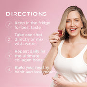 Woman holding a glass of red liquid with directions on a pink background