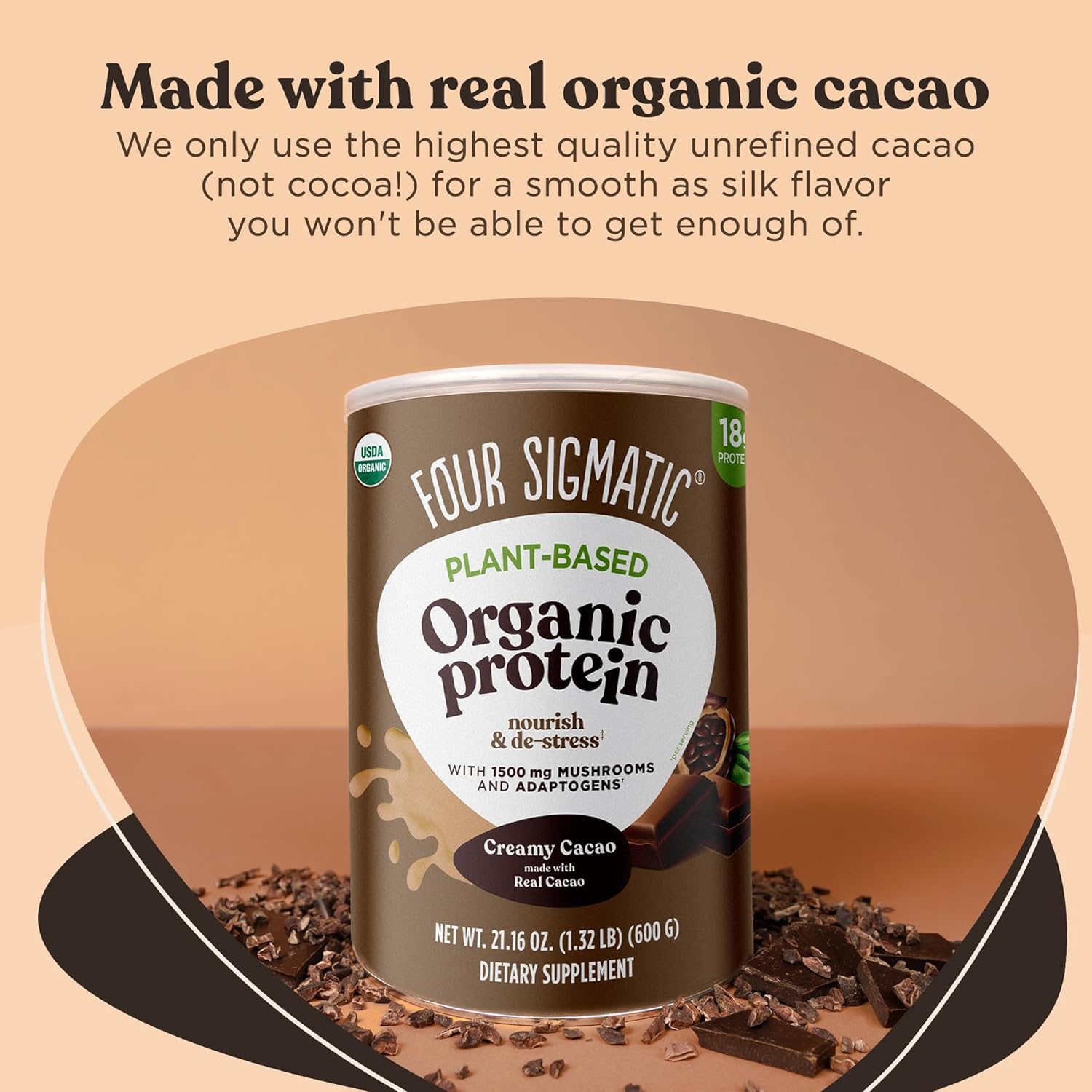 Four Sigmatic Plant-Based Organic Protein Powder, Creamy Cacao - 600g