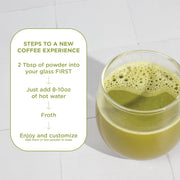 How to Use: Laird Superfood matcha instant latte mixing instructions 227g on white background