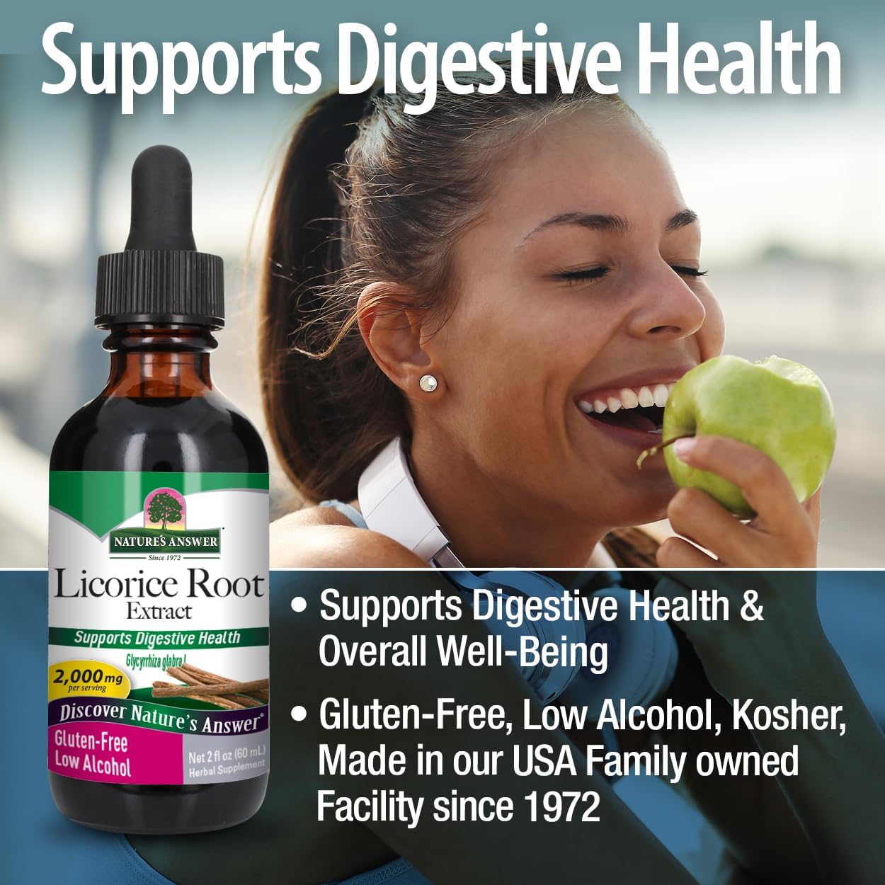 Nature's Answer Licorice Root Extract bottle with a woman eating an apple, promoting digestive health.
