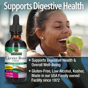 Nature's Answer Licorice Root Extract bottle with a woman eating an apple, promoting digestive health.