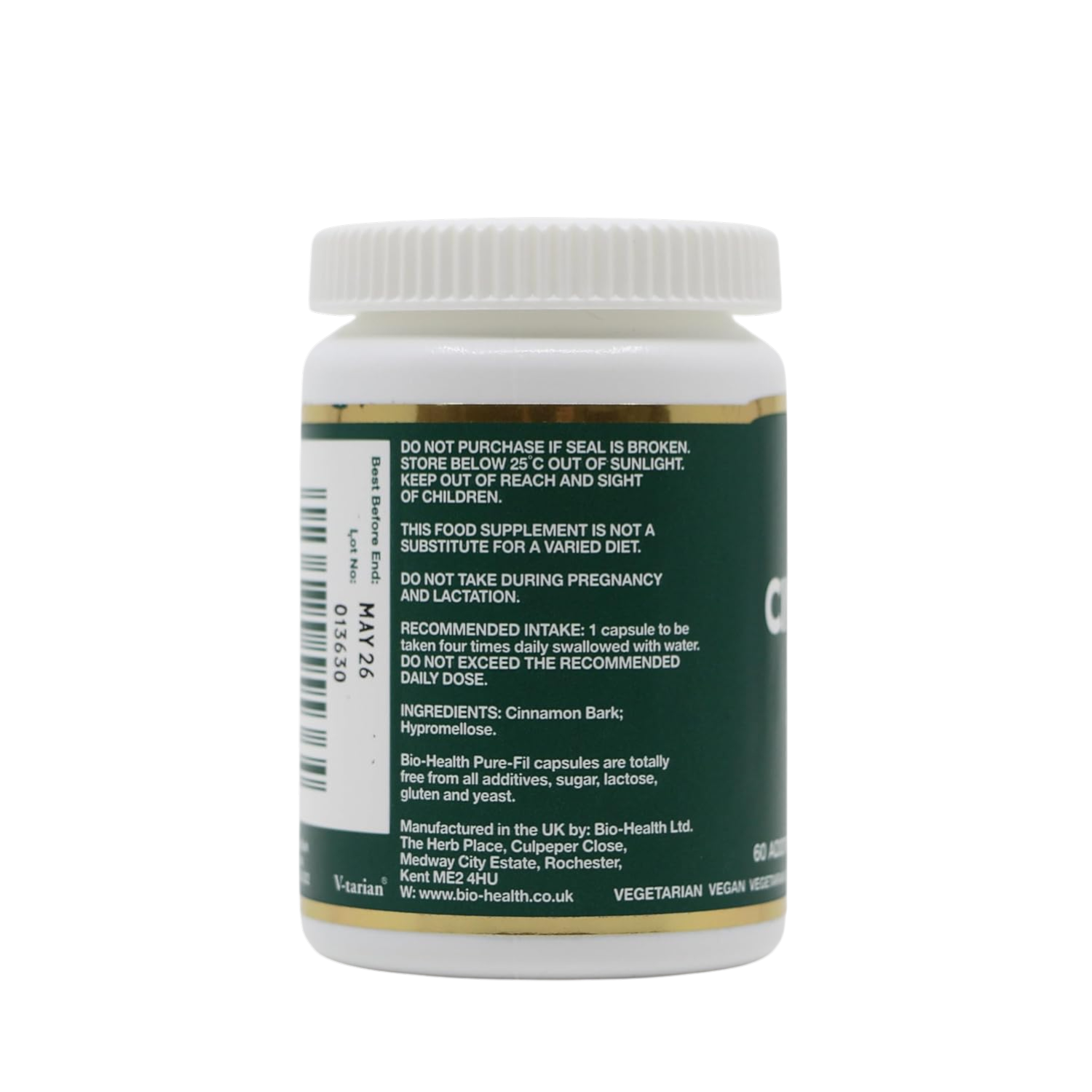 Bio-Health Cinnamon Bark supplement facts capsules 350mg 60 capsules