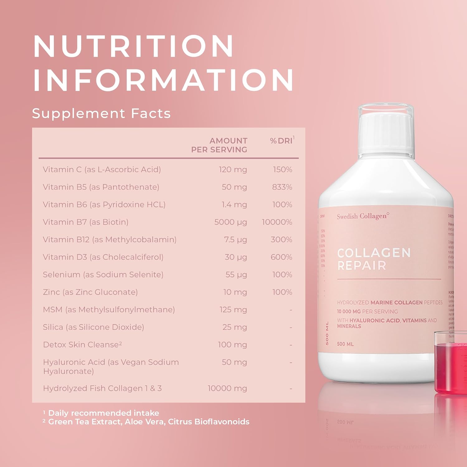 Collagen supplement bottle with nutrition facts on a pink background