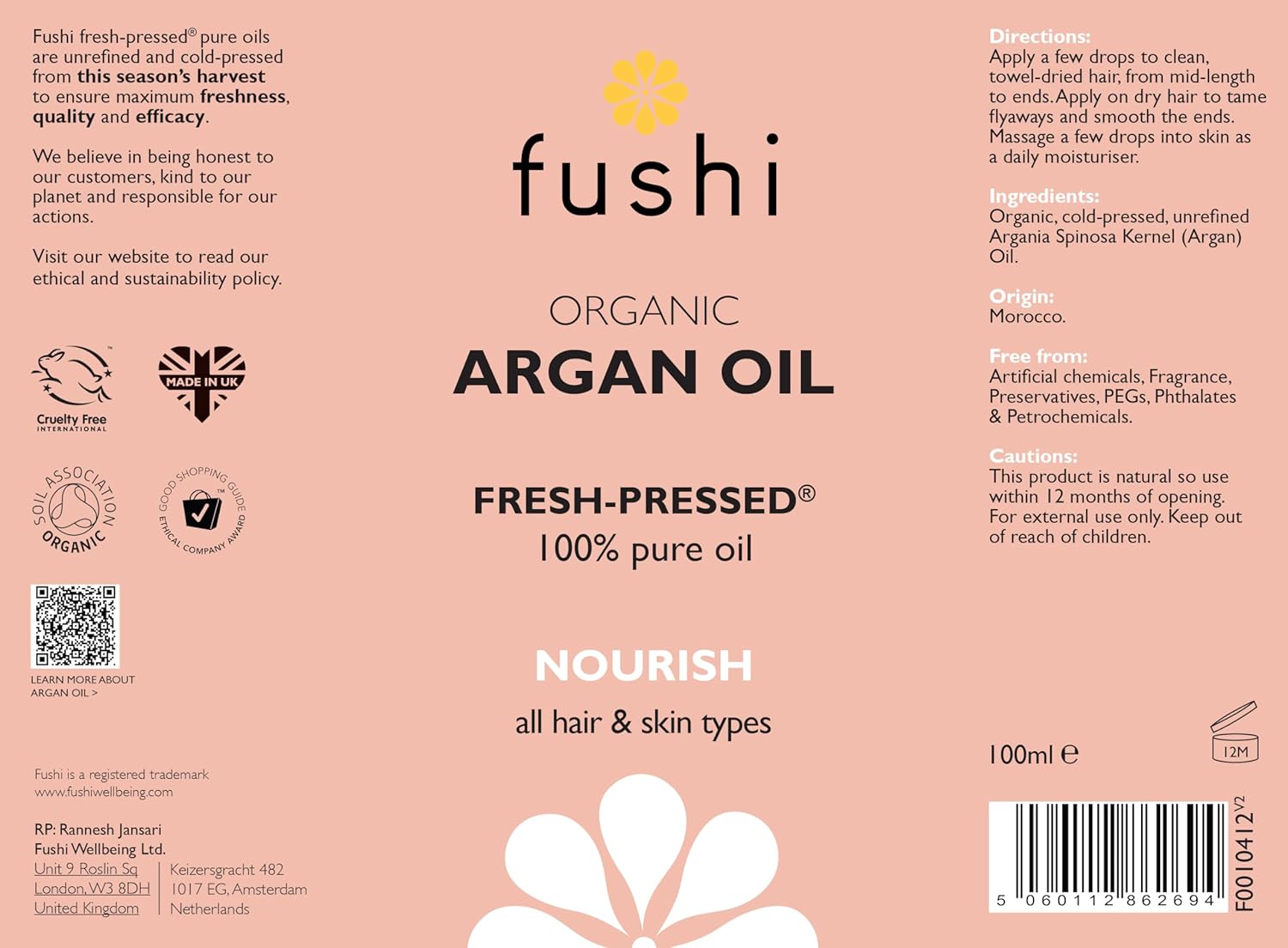 Fushi Organic Argan Oil 100 ml | Fresh-Pressed & 100% Pure Nourishing Oil for Hair, Skin & Nails
