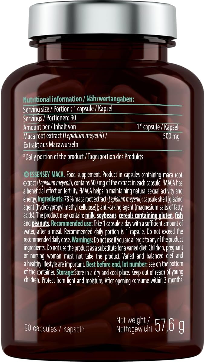 Product label showing ingredients and details for Essensey Maca Root capsules.