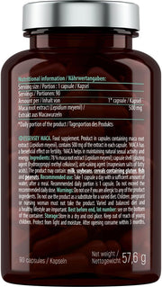 Product label showing ingredients and details for Essensey Maca Root capsules.