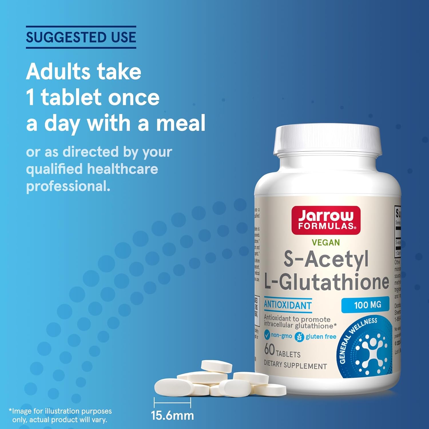 How to Use Image: Jarrow Formulas s acetyl l glutathione 100mg tablets 60 count usage instructions with meal