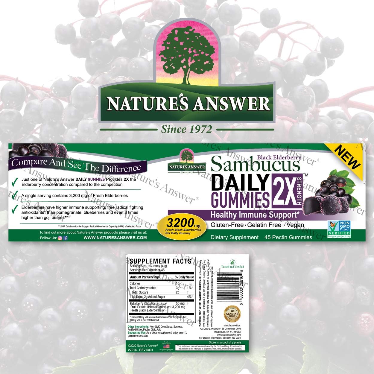 Nature's Answer Sambucus Daily Gummies packaging on a white background with sambucus berries.