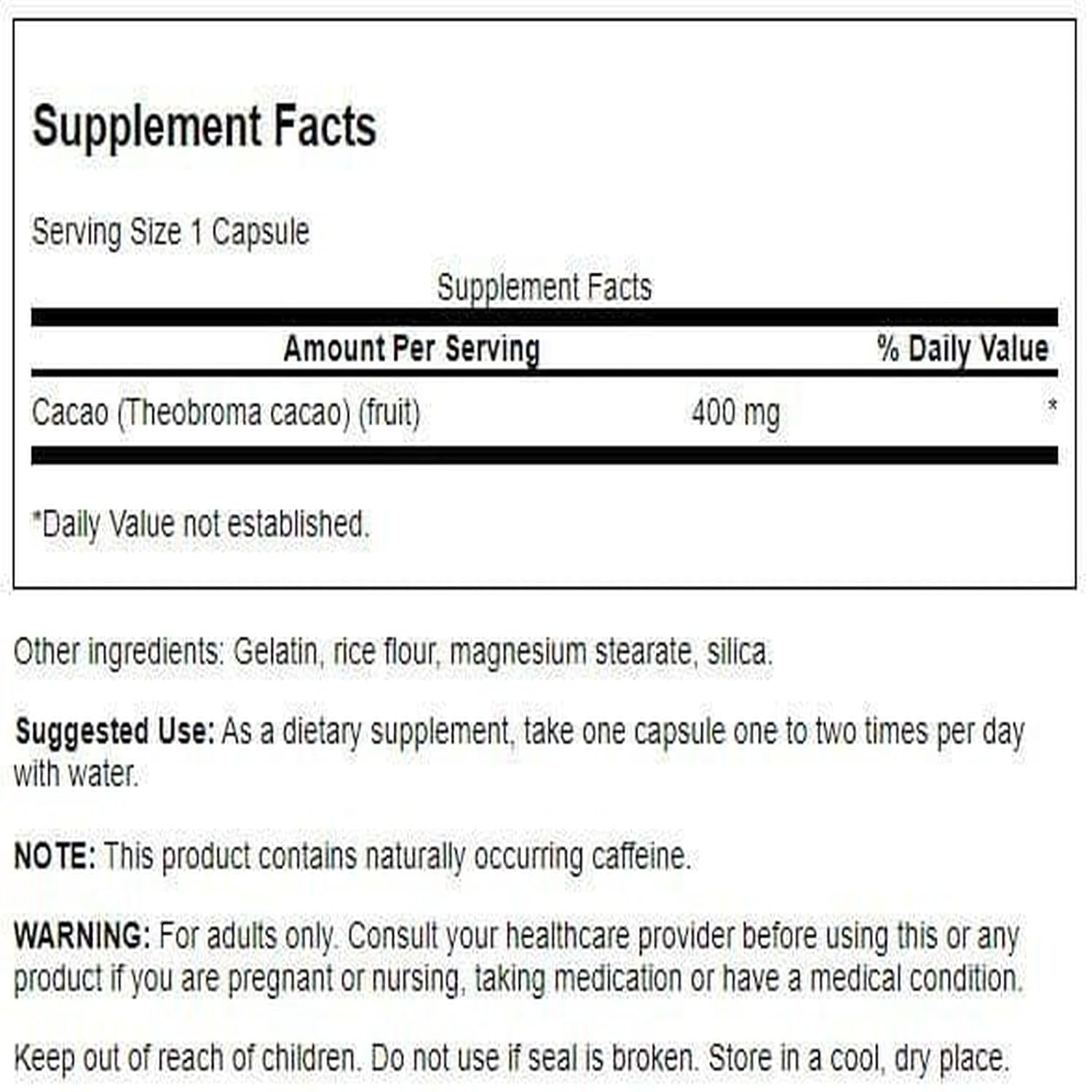 Supplement facts label for a product containing cacao with serving size and other details.