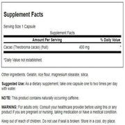 Supplement facts label for a product containing cacao with serving size and other details.