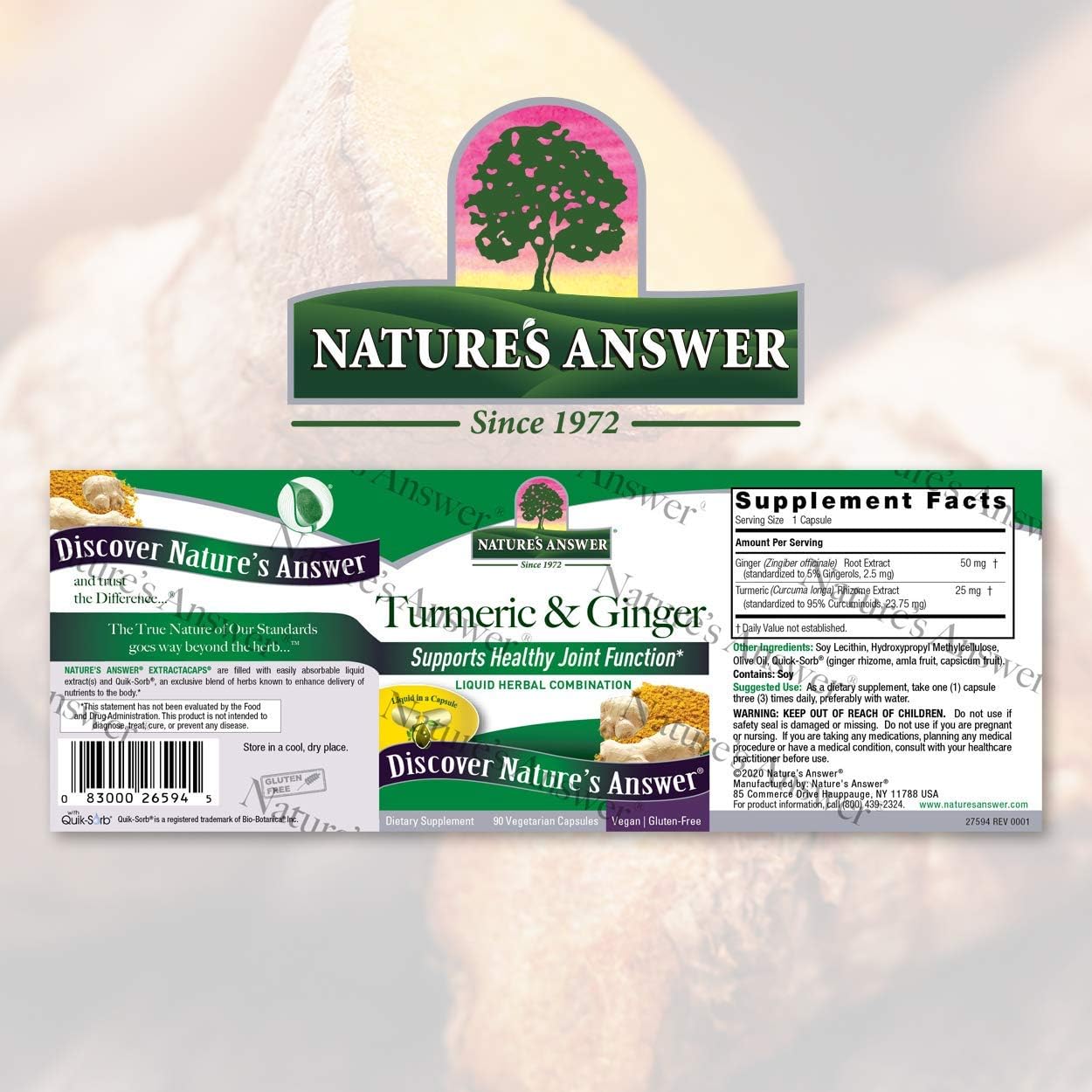 Nature's Answer Turmeric and Ginger Capsules 90 count barcode packaging