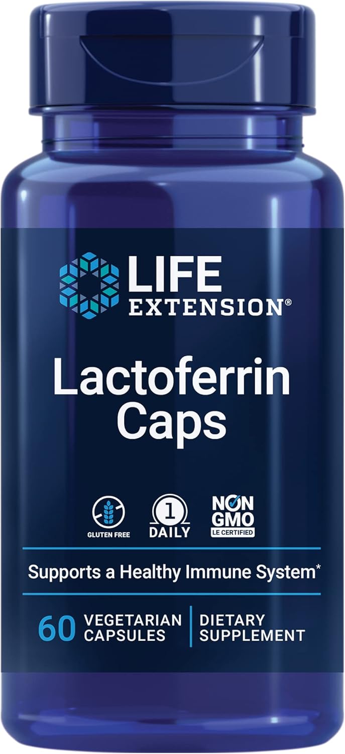 Life Extension Lactoferrin Caps supplement bottle, 300mg, 60 vegetarian capsules.