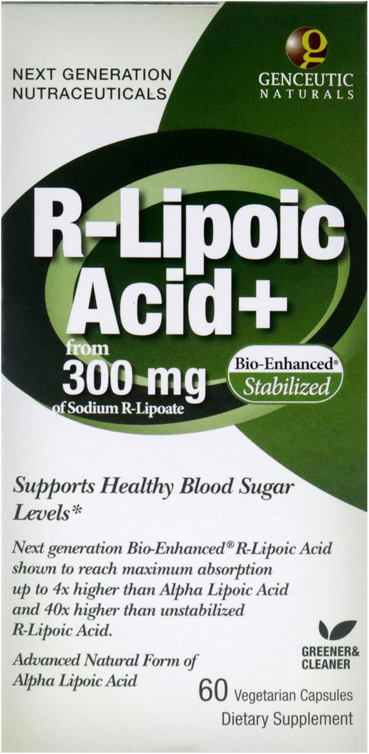 Genceutic Naturals R-Lipoic Acid 300mg capsules box front label 60 capsules