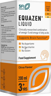 Box of SFI Health Equazen Liquid supplement with orange and white design.