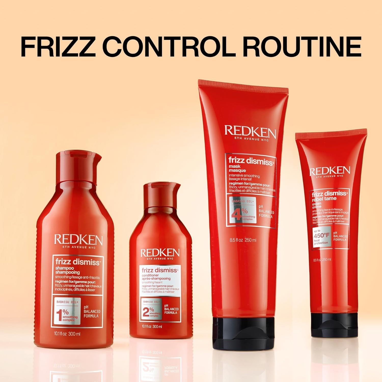 Redken Frizz Dismiss Conditioner bottle, 300ml, anti-frizz, formulation routine.
