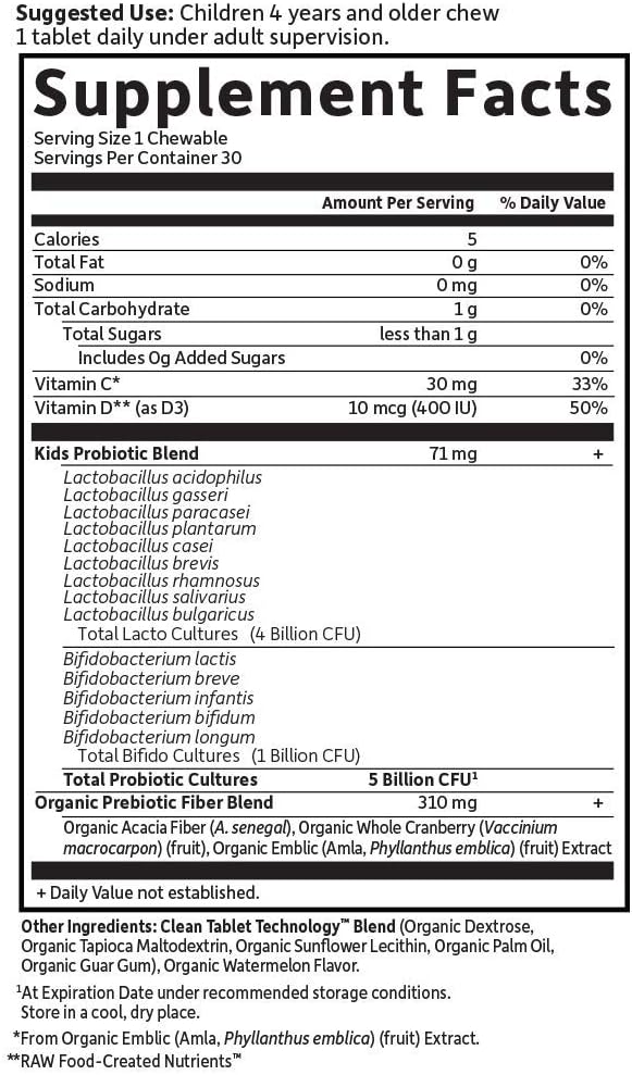 Garden of Life Dr. Formulated Kids+ Probiotic bottle supplement facts