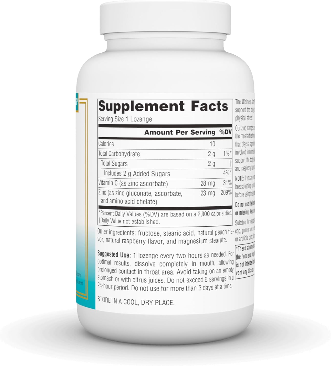 Supplement facts & ingredients image: Source Naturals Wellness Zinc lozenges peach raspberry flavour ingredient panel 60 count