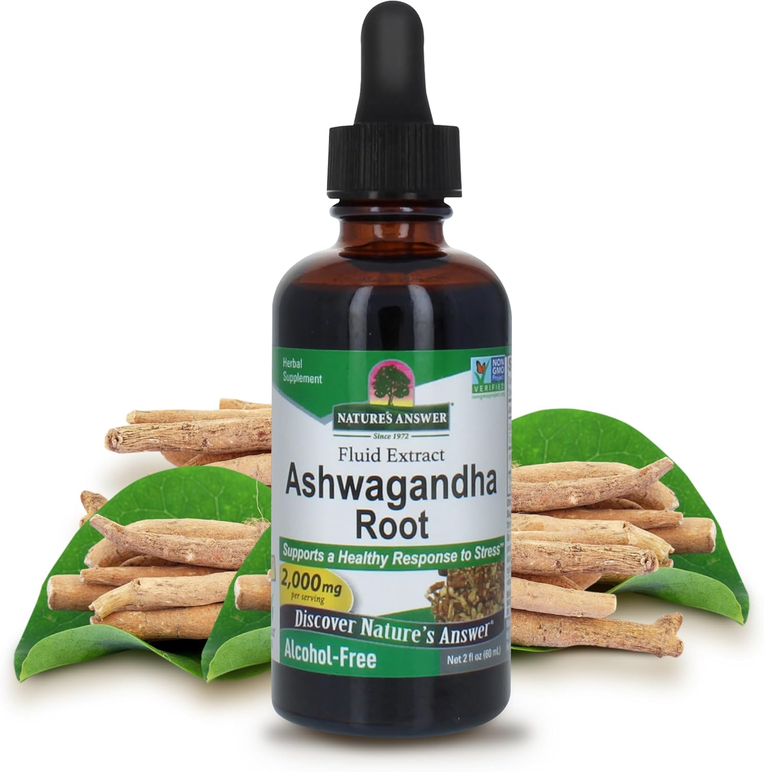 Nature’s Answer Ashwagandha root alcohol-free liquid extract 60ml bottle front label
