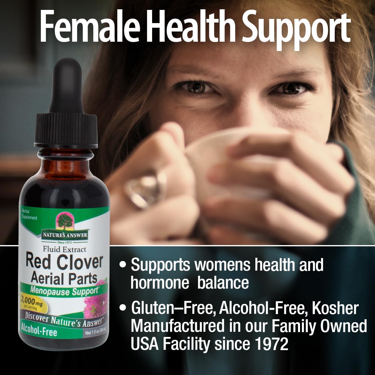 Bottle of Natures Answer Red Clover Aerial Parts with a woman holding a cup in the background, labeled 'Female Health Support'.