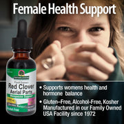 Bottle of Natures Answer Red Clover Aerial Parts with a woman holding a cup in the background, labeled 'Female Health Support'.
