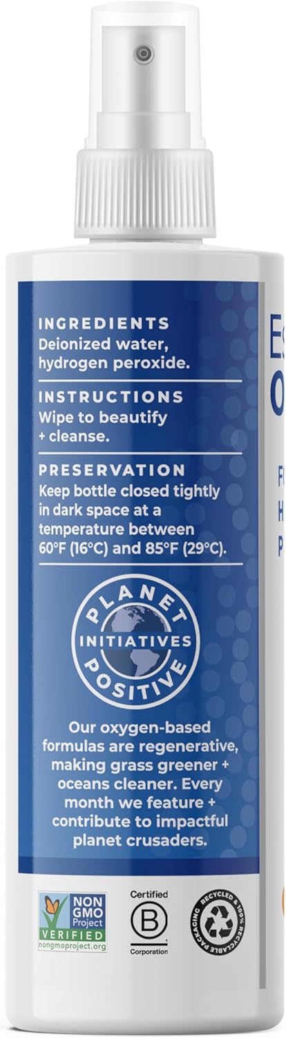 Essential Oxygen Hydrogen Peroxide spray showing ingredients and safety info.