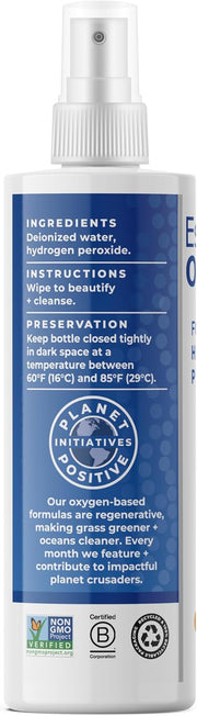 Essential Oxygen Hydrogen Peroxide spray showing ingredients and safety info.