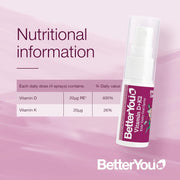 Supplement facts label for BetterYou Kids Vitamin D K2 Spray.