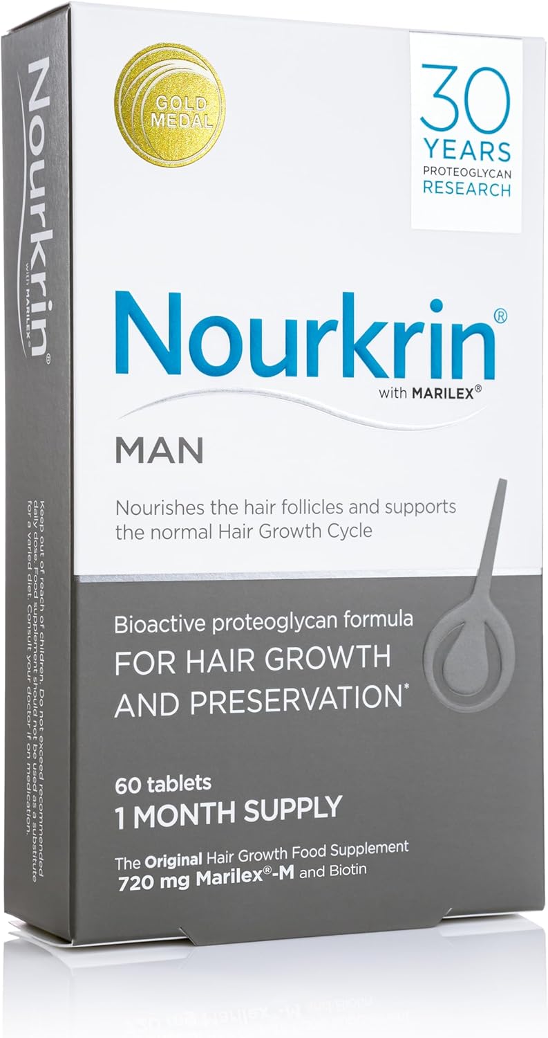 Nourkrin Man Hair Support Supplement box with 60 tablets on white background.