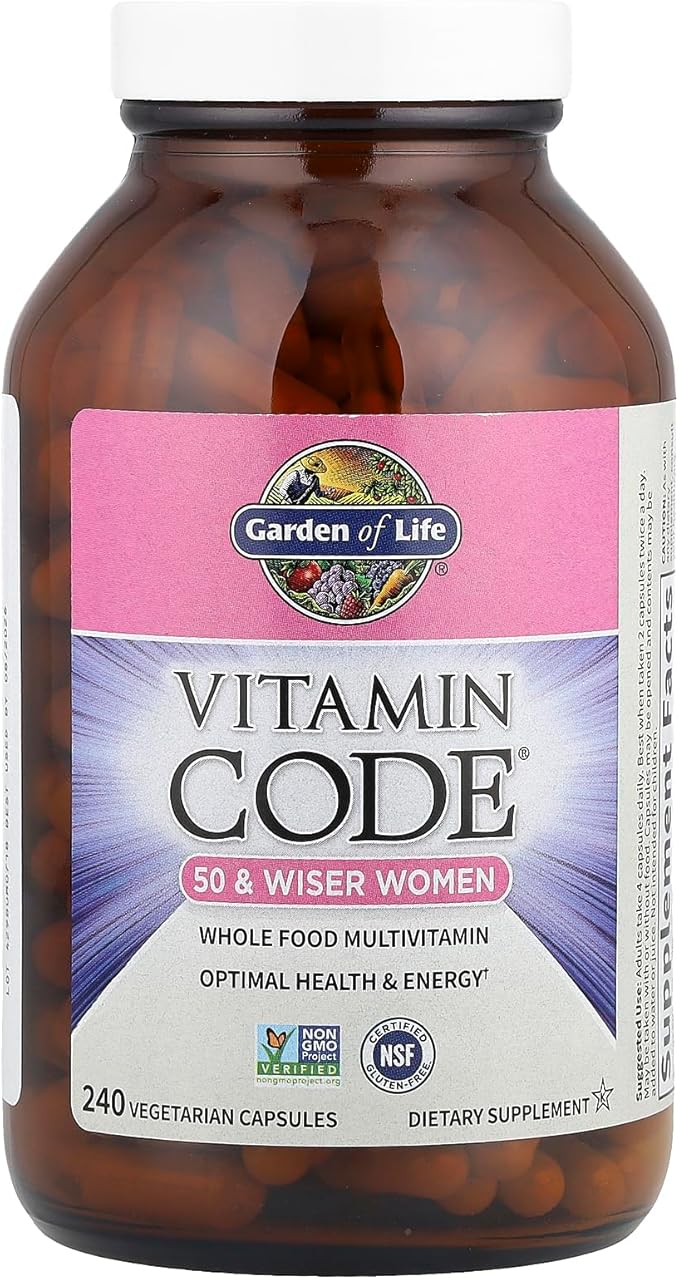 Garden of Life Vitamin Code Raw Multivitamin for Women 50 Plus bottle on white background. 240 Count
