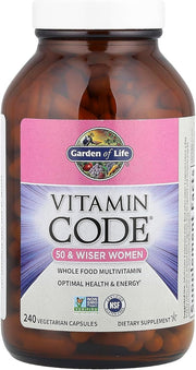 Garden of Life Vitamin Code Raw Multivitamin for Women 50 Plus bottle on white background. 240 Count