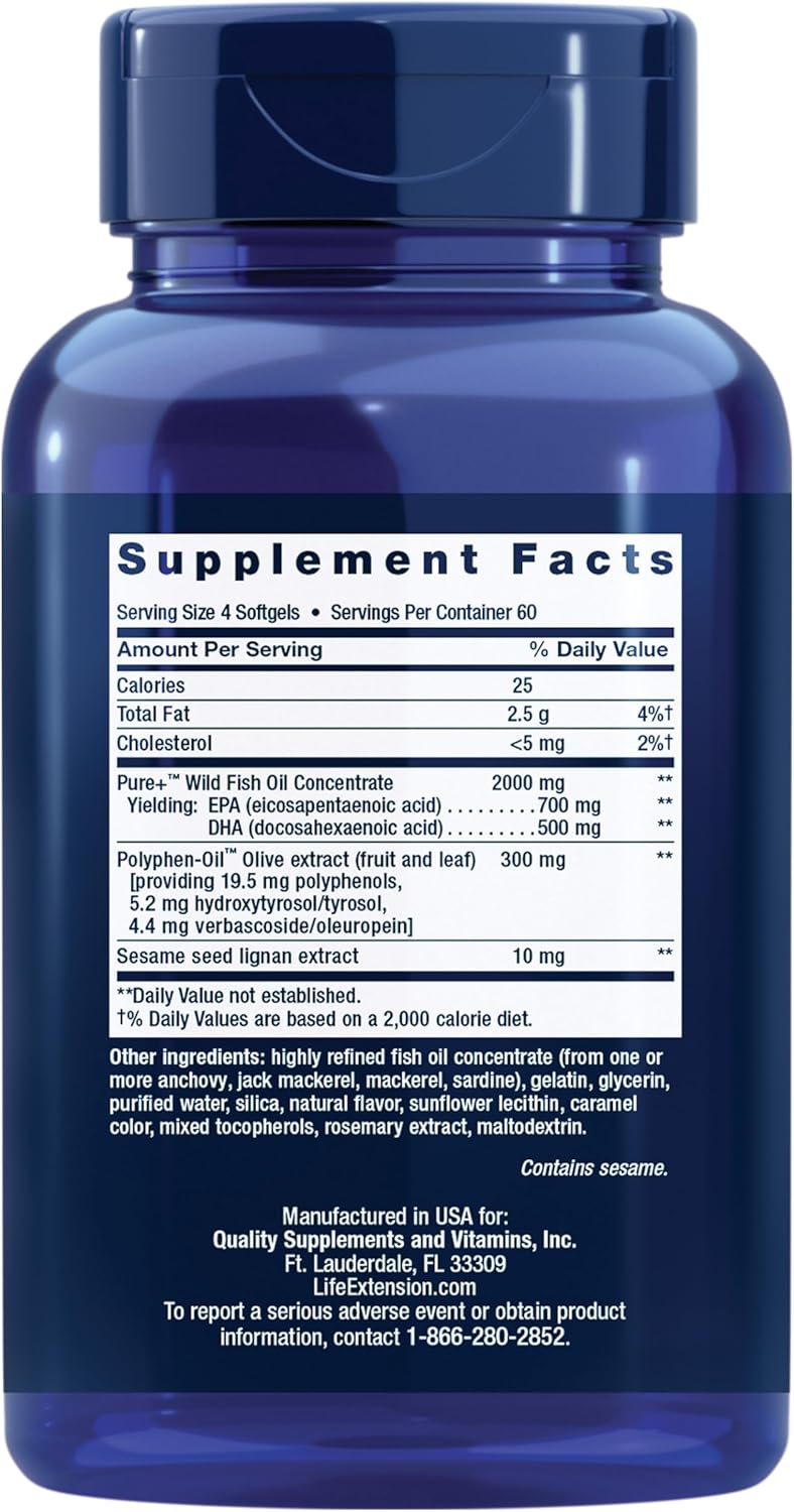 Supplement facts label for Life Extension Super Omega-3 complex showing EPA, DHA, and extract amounts.