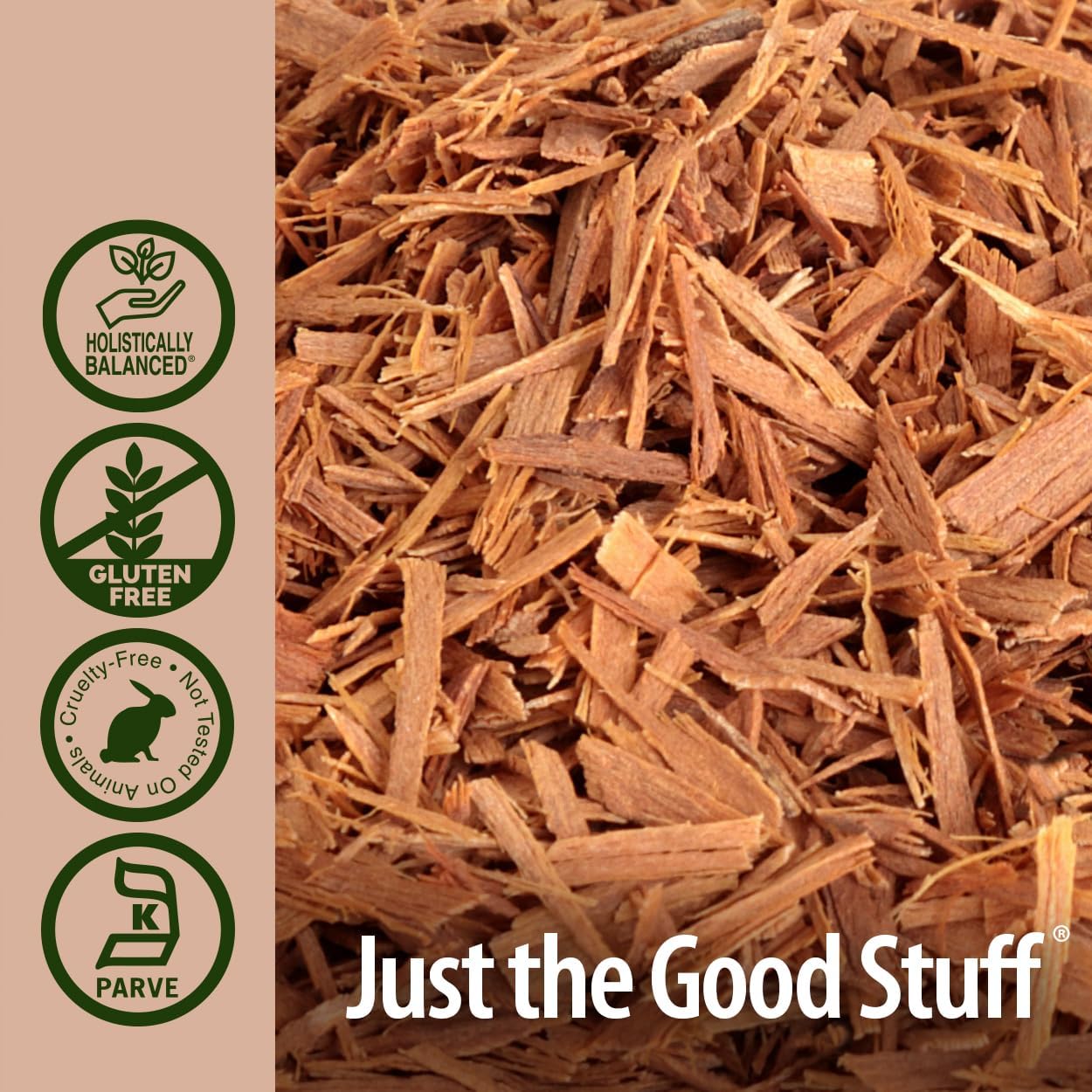 Wood chips with 'Just the Good Stuff' branding and certification logos on a beige background