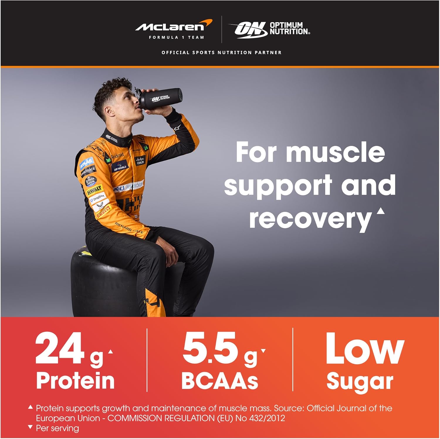 Person in racing suit drinking from a bottle with McLaren and Optimum Nutrition branding, promoting sports nutrition product.