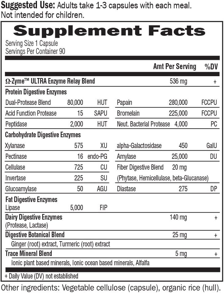 Supplement facts for 21 Digestive Enzymes with botanicals.