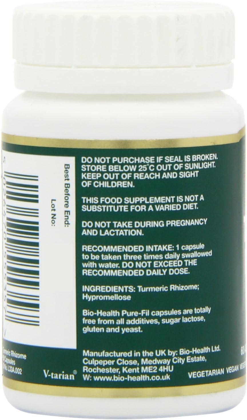 Bio-Health Turmeric Rhizome supplement facts capsules 500mg 60 capsules