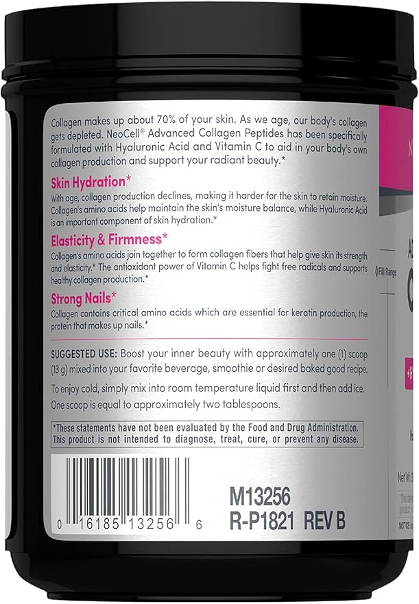 Nutritional label, barcode and ingredients for NeoCell 585g Collagen powder.
