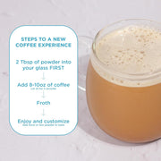 How to Use: Laird Superfood non-dairy coffee creamer vanilla mixing instructions 227g on white background