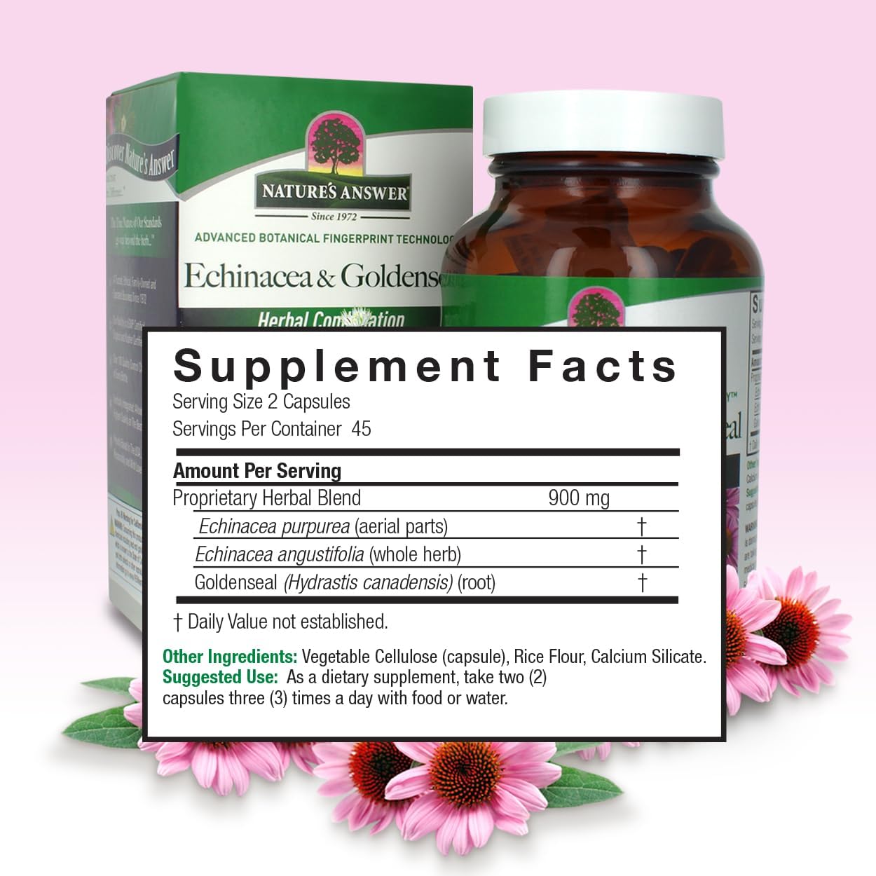 Nature’s Answer Echinacea Goldenseal supplement facts 90 vegetarian capsules back label