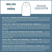 Diagram of a pressure equalization hole in a white container with text explaining its function.