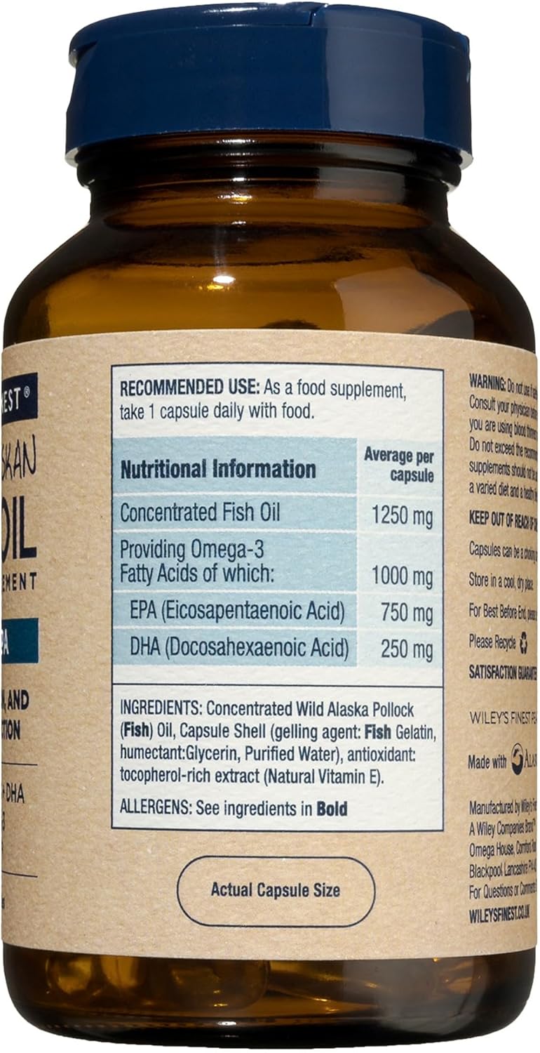Supplement facts & ingredients image: Wiley’s Finest Peak EPA fish oil ingredient panel bottle 60 count