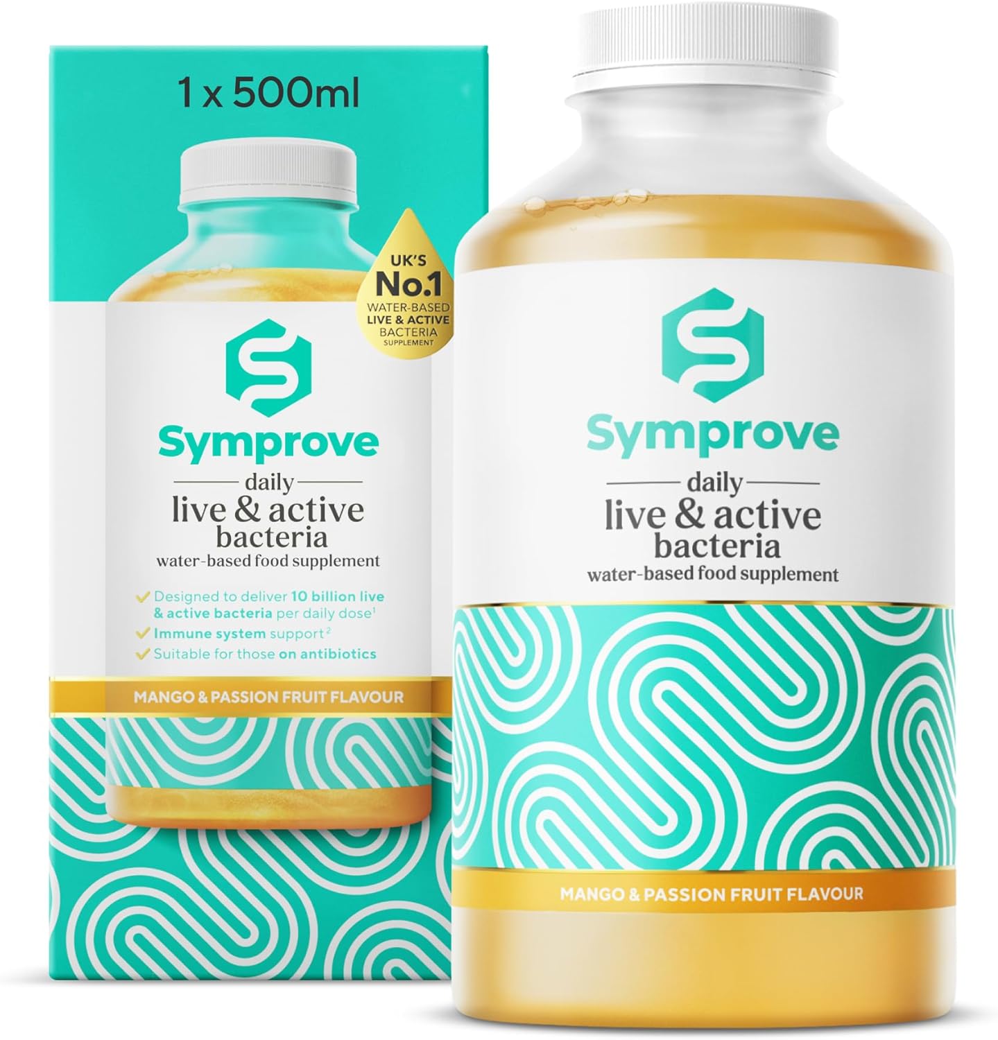 Symprove Liquid Probiotic Mango Passionfruit Flavour 500ml bottle live active bacteria supplement front view