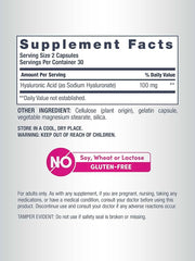 Supplement facts panel for NeoCell HA capsules, 60 count.