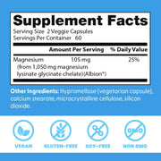 Doctor's Best High Absorption Magnesium Lysinate Glycinate, bottle packaging, no flavour, 105mg, 120 veggie capsules, supplement facts and ingredients