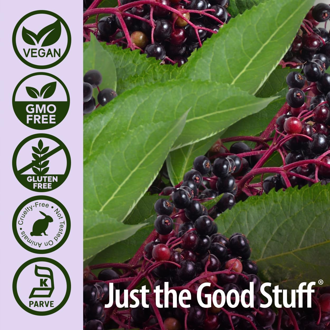 Close-up of elderberries with green leaves and certification icons on a purple background, featuring the brand 'Just the Good Stuff'.