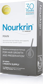 Nourkrin Man Hair Support Supplement box with 60 tablets on white background.