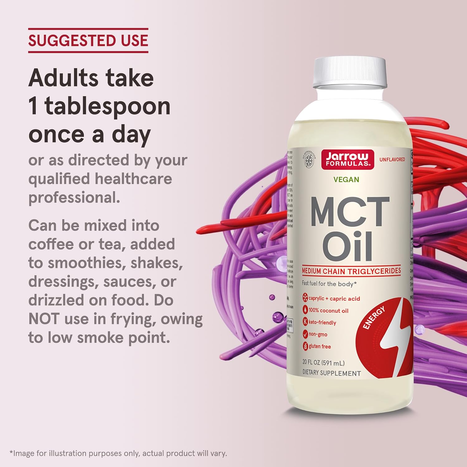 How to Use Image: Jarrow Formulas MCT oil unflavoured 591ml usage in coffee smoothie dressing