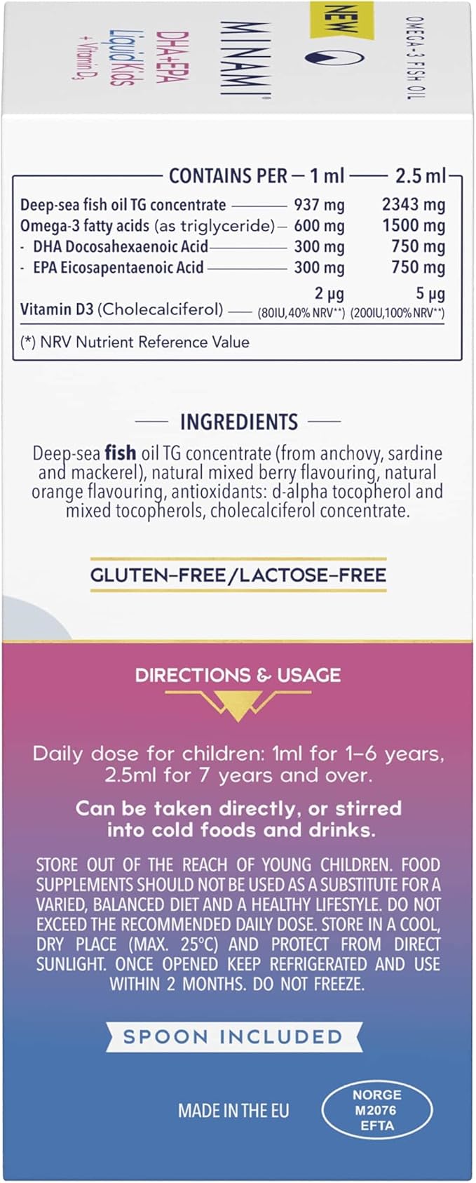 Nutritional information and dosage for Minami Kids Omega-3 Liquid supplement.