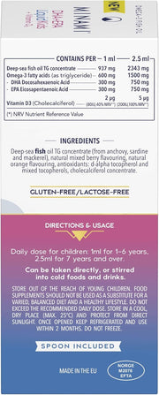 Nutritional information and dosage for Minami Kids Omega-3 Liquid supplement.